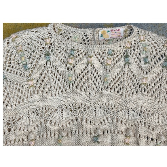 Vintage Handmade Pointelle Knit Short Sleeve Sweater M Openwork Cottage Rosettes - Picture 11 of 13